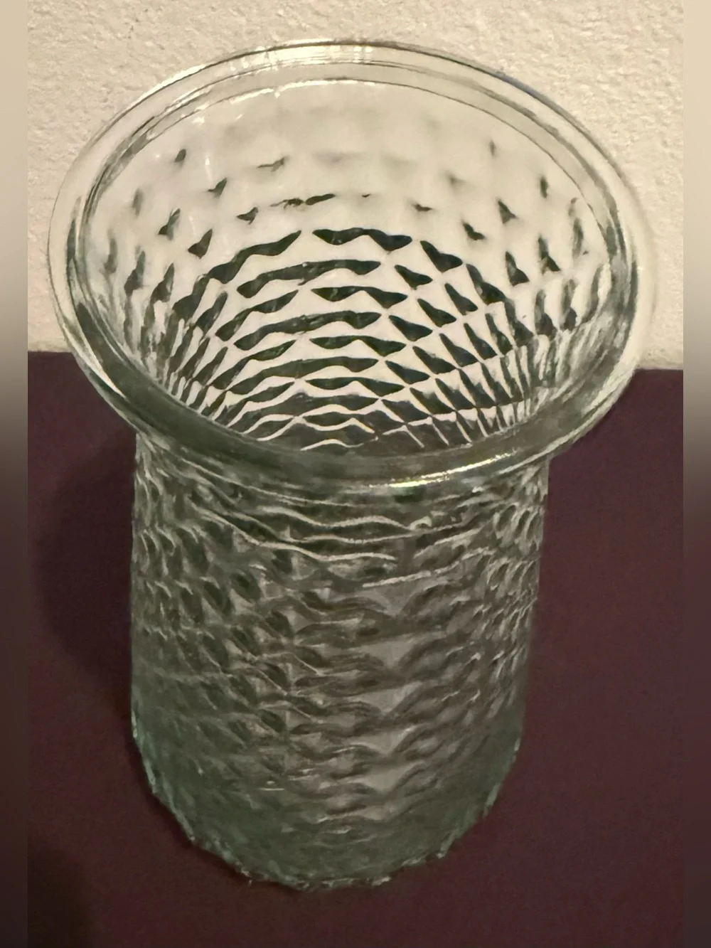 Paula DPS Diamond Pattern glass vase. 9” slight green tint.